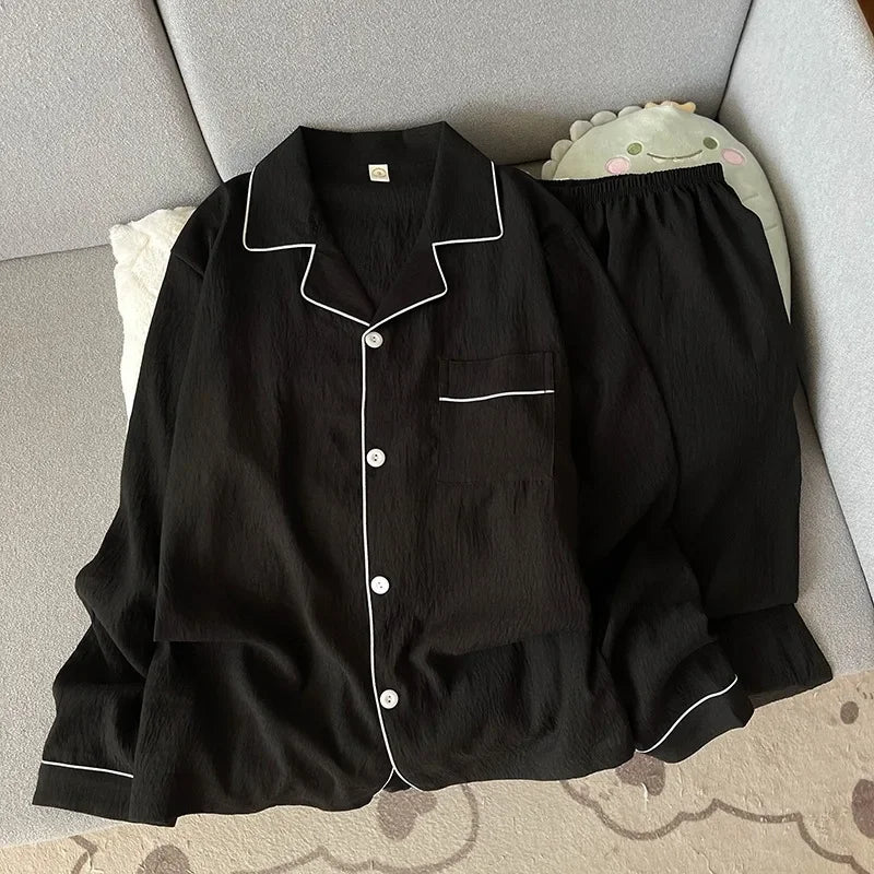 Autumn New Solid Simple Men's Pajamas Set Plus Size Lapel Neck Long Sleeve 2 PC Men's Pajamas Casual Soft Oversized Loungewear