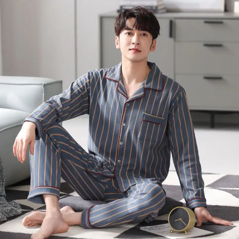 Spring Men's Fall and Winter Long-Sleeved Long Pants Middle-Aged Thin Section of Pajamas Sleepwear Homewear Suit Loungewear