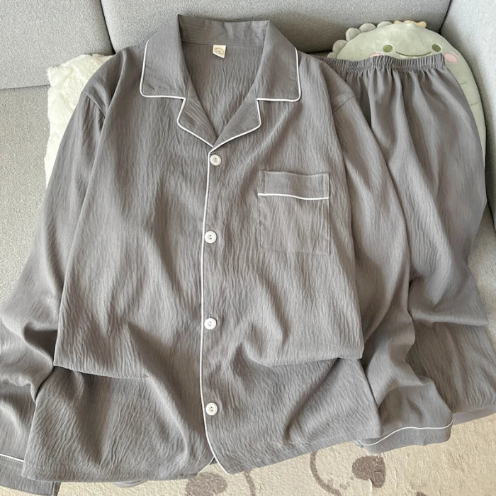 Autumn New Solid Simple Men's Pajamas Set Plus Size Lapel Neck Long Sleeve 2 PC Men's Pajamas Casual Soft Oversized Loungewear