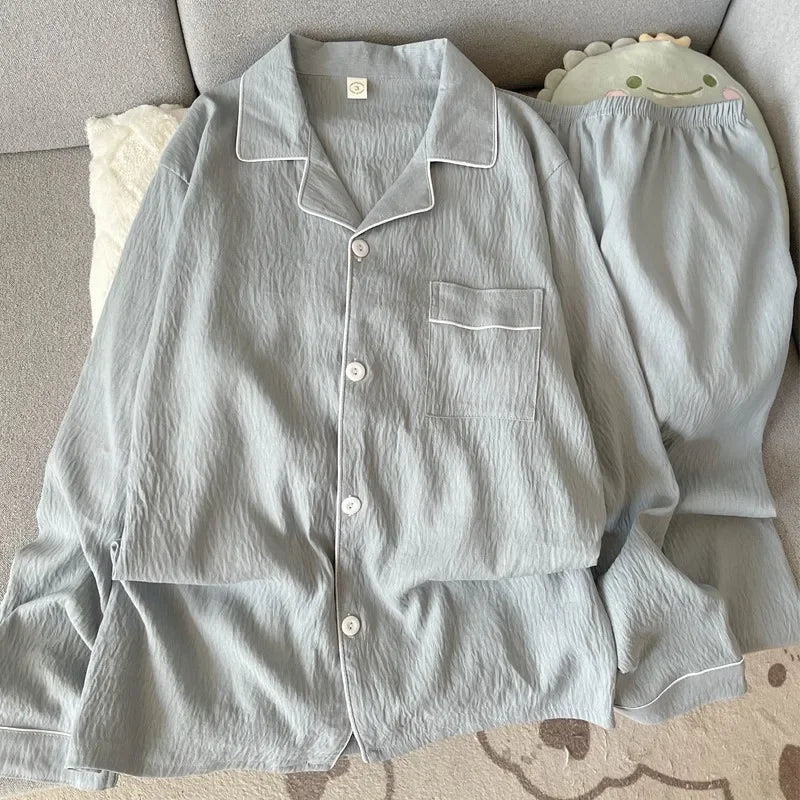 Autumn New Solid Simple Men's Pajamas Set Plus Size Lapel Neck Long Sleeve 2 PC Men's Pajamas Casual Soft Oversized Loungewear