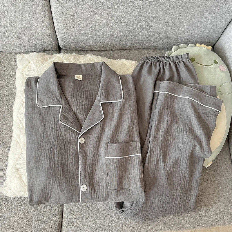 Autumn New Solid Simple Men's Pajamas Set Plus Size Lapel Neck Long Sleeve 2 PC Men's Pajamas Casual Soft Oversized Loungewear