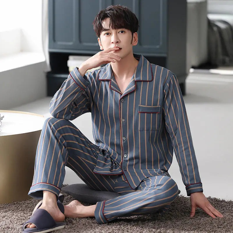 Spring Men's Fall and Winter Long-Sleeved Long Pants Middle-Aged Thin Section of Pajamas Sleepwear Homewear Suit Loungewear